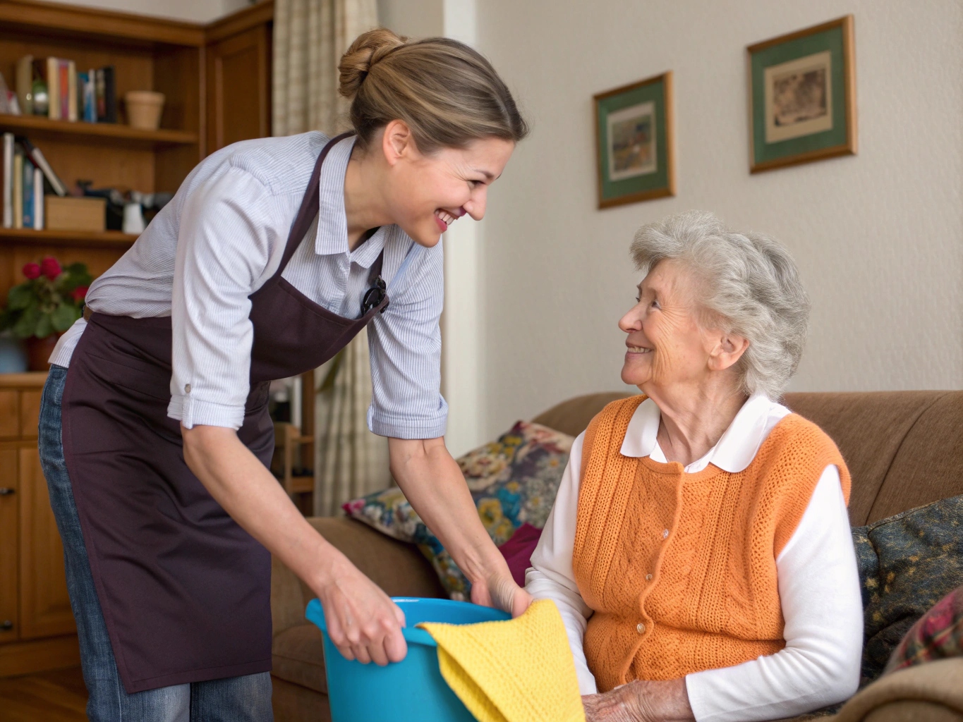 Eine Alltagsfee hilft einer Seniorin im Haushalt in NRW